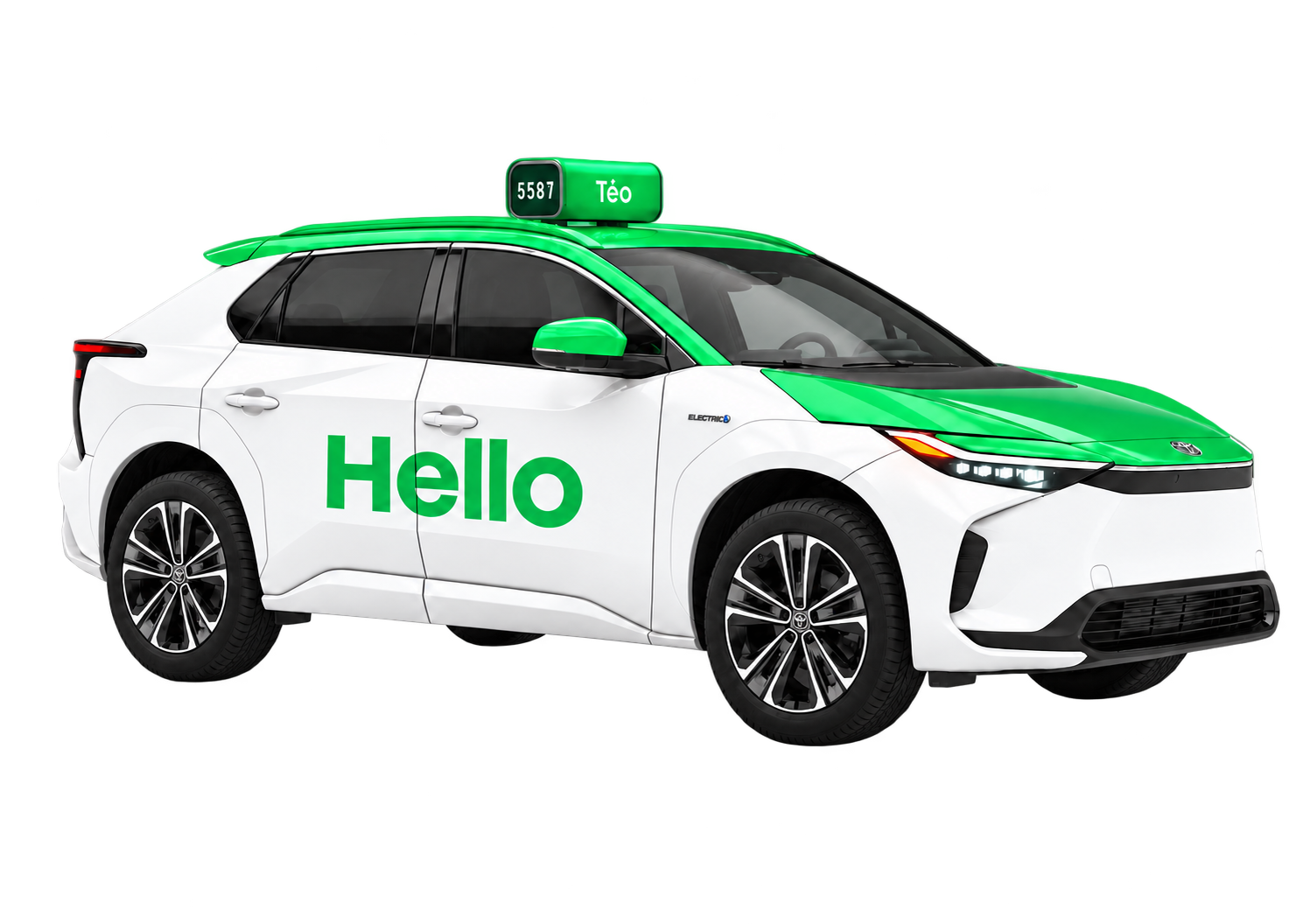 Green and white Téo Taxi with Hello on the side doors
